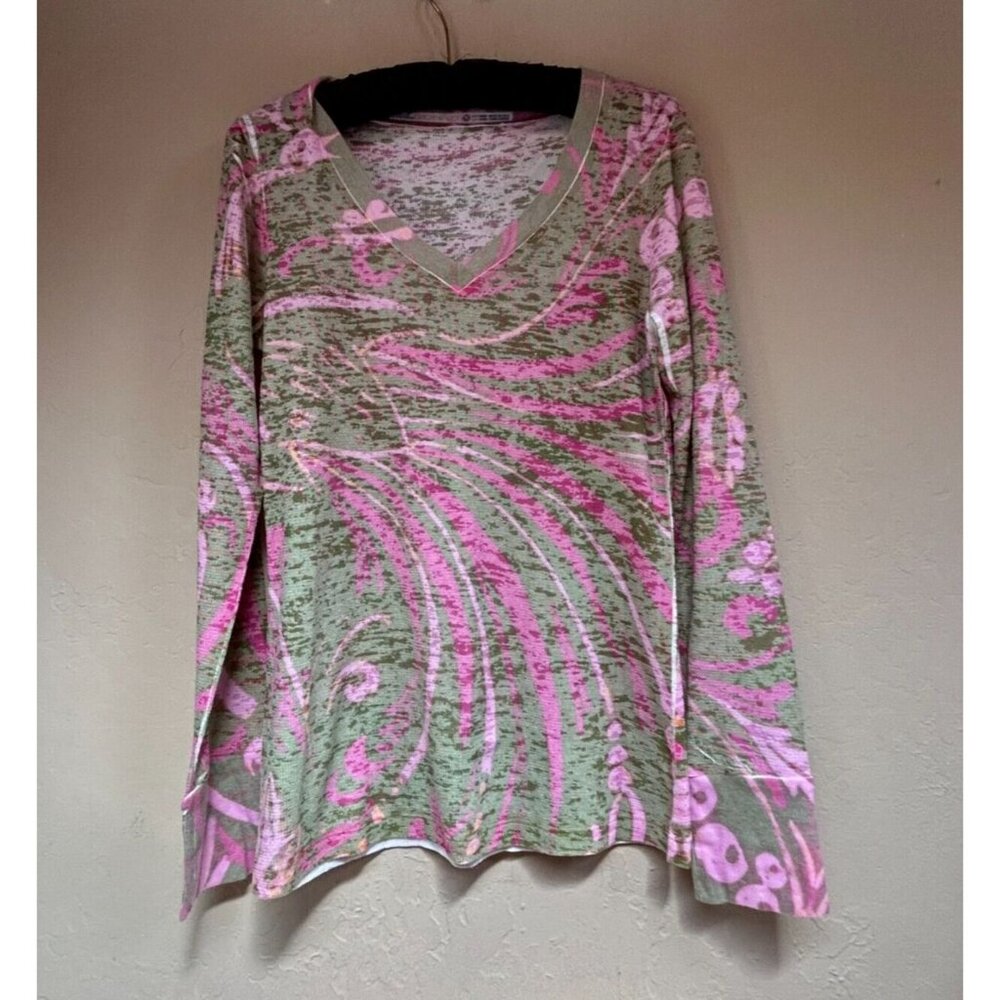 Before + Again Women's Top Long Bell Sleeve V-Neck Boho T-Shirt Green Pink Small